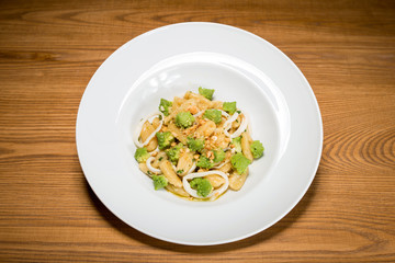 cavatelli with broccoli, squid and bagels