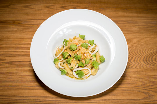 cavatelli with broccoli, squid and bagels