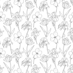 Vector Black Vintage Garden Flowers On White Fabric Repeating Seamless Pattern Design With Tulips, Daffodils In Botanical Style Perfect For Fabric, Wallpaper, Packaging, Backgrounds, Greeting Cards.