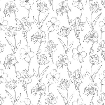 Vector Black Vintage Garden Flowers On White Fabric Repeating Seamless Pattern Design With Tulips, Daffodils In Botanical Style Perfect For Fabric, Wallpaper, Packaging, Backgrounds, Greeting Cards.