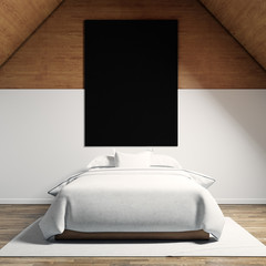 Photo of moder bedroom in chale house. Empty black canvas hanging on the wood wall and classic double bed wooden floor. Square, blank mockup. 3d rendering