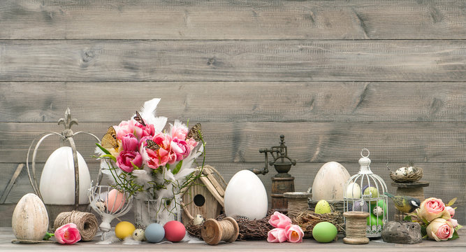 Easter. Home Interior Decoration With Pink Tulips