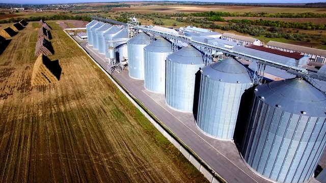 Aerial view of big grain elevators