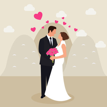 man woman couple married see eyes wedding dress love heart flower bucket in hand flat vector drawing illustration 