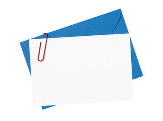 Invitation invite greetings letter message birthday or thank you note card with blue envelope isolated on white background photo