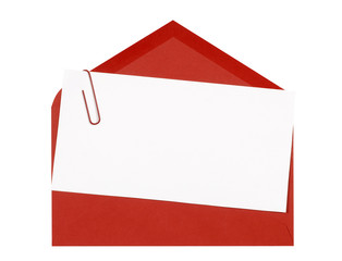 Invitation invite greetings or thank you note card with red envelope isolated on white background...
