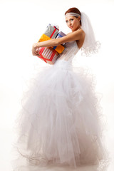 Classical bride with presents on the white background