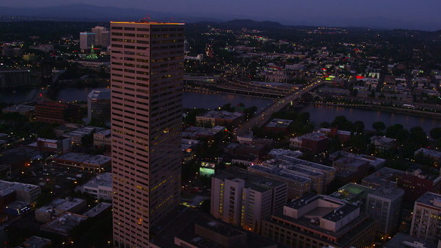 Aerial shot of Portland, Oregon at night
