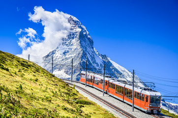 Gornergrat train and Matterhorn. Switzerland - obrazy, fototapety, plakaty