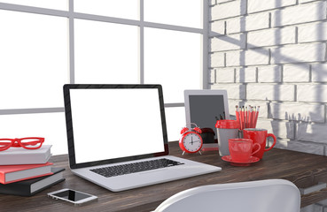 3D illustration laptop and work stuff on table near brick wall, Workspace