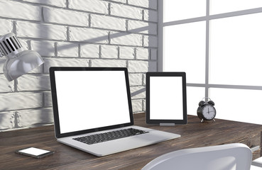 Fototapeta premium 3D illustration laptop and work stuff on table near brick wall, Workspace