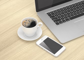 Laptop smartphone and coffee cup