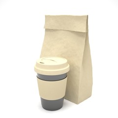 Coffee to go and lunch bag, on white.