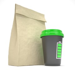 Coffee to go and lunch bag, on white.