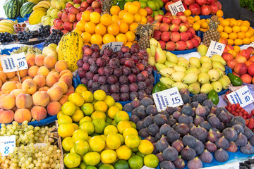 Big variety of fruits for sale at a market