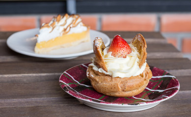 Lemon meringue pie and Cream puff strawberries
