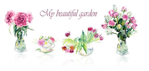 Pink flowers in transparent glass vases. Watercolor hand drawn illustration. 