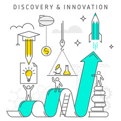 Vector flat line innovation concept illustration depict process of discovery and innovation technology, ideas, knowledge, investing time, money to get success. Growth chart represent increase profit.