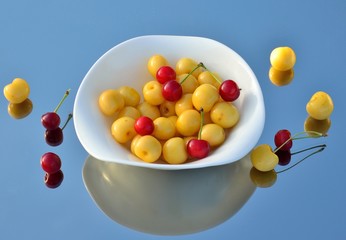 yellow and red cherries in white plate on a mirrored surface 