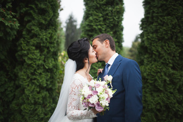 Happy wedding couple walking in a botanical park