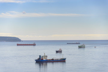 Vessels at anchor.
Panorama of the port. Vessels at anchor.
