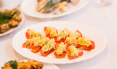 Different tasty snacks for wine on luxury banquet table