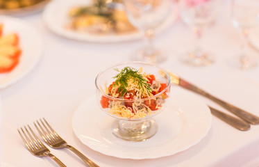 Different tasty snacks for wine on luxury banquet table