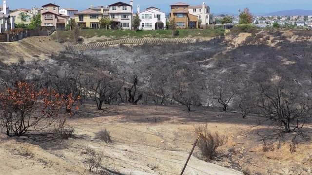Burned Land Shows Spared Nearby Homes Tilt Up 4k. Poinsettia Fire - Carlsbad, CA May 14th 2014