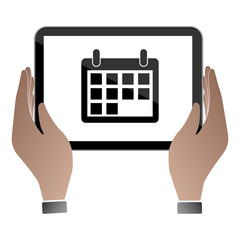 Hands hold and touch tablet PC