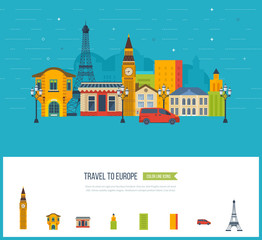 London, United Kingdom and France flat icons design travel concept. 