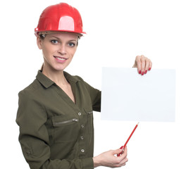 Young worker woman holding a blank poster