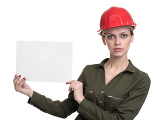 Young worker woman showing blank banner