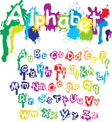 Hand drawn alphabet - letters are made of  water colors, ink spl