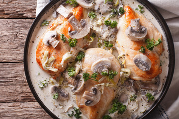 Chicken with mushrooms and leek in a creamy sauce close-up. horizontal top view 
