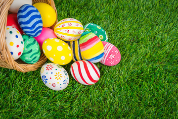 Basket of easter eggs  on Fresh Green Grass