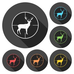 Hunting Season with Deer in gun sight icons set with long shadow