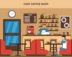 Coffee Shop Bar interior Retro Flat Banner
