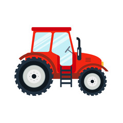 Flat tractor on white background. Red tractor icon - vector illustration. Agricultural tractor - transport for farm in flat style. - obrazy, fototapety, plakaty