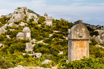 The ancient Lycian tombs of the cemetery in Simena.
