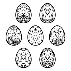Easter eggs, egg-birds set, eggs for coloring, ethno ornament, hand-drawn eggs.