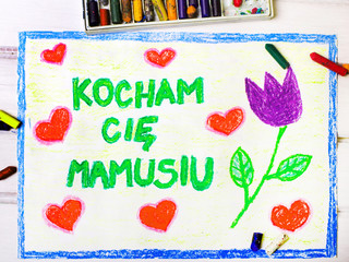 Colorful drawing - Polish Mothers Day card with words "I love you, mum"