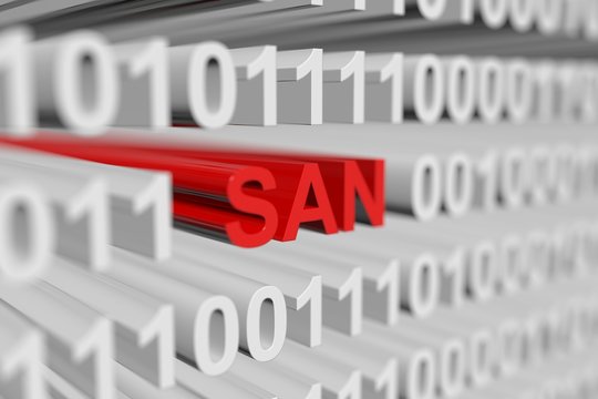SAN represented as a binary code with blurred background