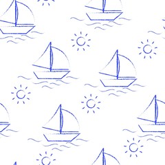 Seamless pattern blue crayon children's drawings on white background. Hand-drawn style. Seamless vector wallpaper with the image of boat, sea and sun
