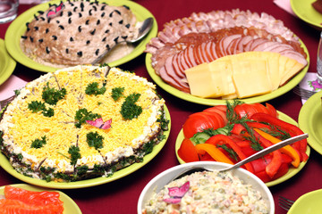 All kinds of delicious food on the holiday table closeup