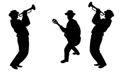 Trio Trumpeter player and guitar player, black silhouette isolated on white background. Hand Drawn music festival illustration cutout print clipart © sofiartmedia