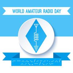 World Amateur Radio Day. Blue and white vector illustration. Ham radio symbol, circuit diagram with antenna, inductor and ground. Morse code
