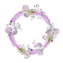 A wreath of feathers and twigs. lilac twigs and feathers. - 105414535