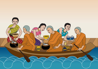 Thai traditional Illustration give alms to a Buddhist monk