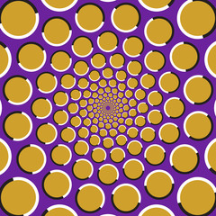 Optical illusion background. Golden circles are moving circularly from the center on purple background. Polka dot background.