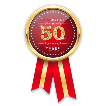 Red celebrating 50 years badge, rosette with gold border and ribbon